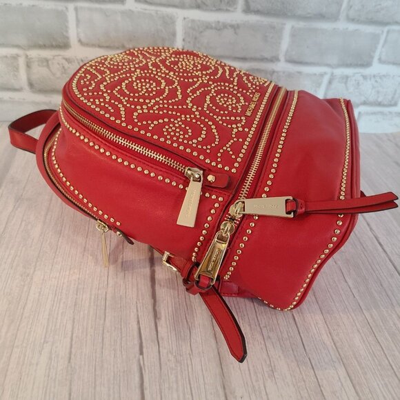 Michael Kors Rhea MD Studded Messenger Backpack Red Rose Motif Leather - Picture 10 of 12